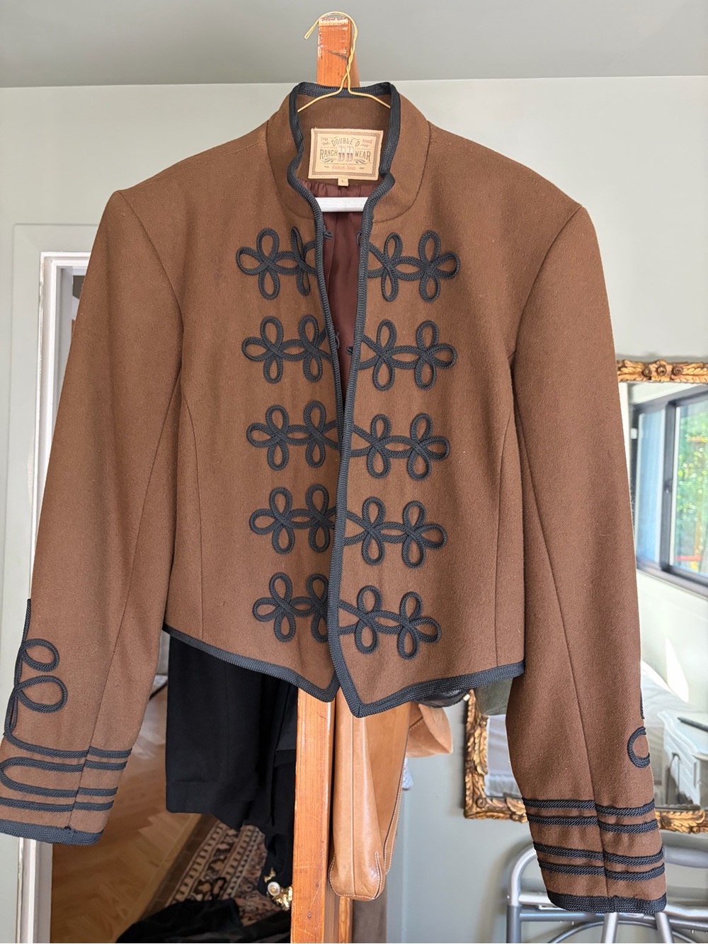 Double D Ranch Brown Military-Style Wool Jacket with Black Trim